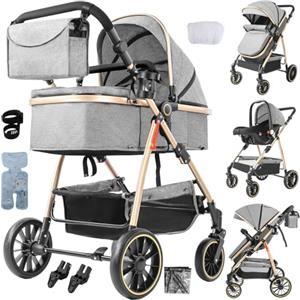 Magic ZC Passeggino Trio, Passeggino 3 in 1 con Spinta Reversibile a Due Vie, Trio Neonati con Accessori, Carrozzina per Neonati Design Portatile Pieghevole Un Clic (V8 Gray)
