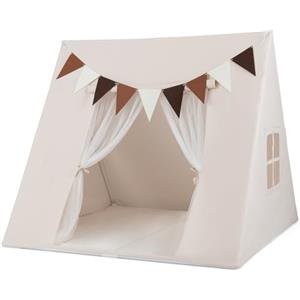 RELAX4LIFE Tenda per Bambini, Casetta da Interno con Porta Avvolgibile, Tende a Rete, Finestre Traspiranti e 9 Bandiere, Tenda Triangolare per Bambini da Soggiorno, Camere da Letto