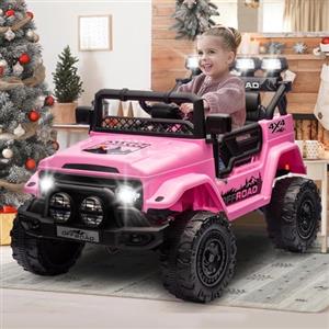 HAUSPROFI Macchina Elettrica per Bambini, 12V Macchina per Bambini, Jeep Elettrica per Bambini con Telecomando 2.4G, LED, Bluetooth, Musica, 5 km/h Max, Auto Elettrica per Bambini, Rosa