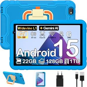 JUEDUR Android 15 10 pollici Tablet bambini con Gemini AI, 22GB RAM+128GB ROM, Controllo Parentale, 8000 mAh, Octa-Core, 5MP+8MP con 5G Wifi6, Custodia protettiva EVA antiurto + Staffa girevole a 360°(Blu)