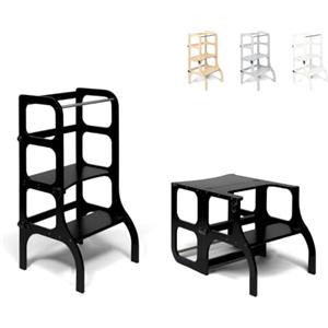 Ette Tete STEP'n'SIT® Torre Apprendimento Montessoriana Convertibile - Multifunzione 2 in 1 (Con cerniere in argento, Bianco)