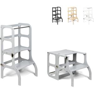 Ette Tete Torretta pieghevole con seduta, altezza in piedi 45 cm, Sgabello, sgabello pieghevole, torre montessoriana con seduta e tavolo pieghevole, legno betulla, verniciato UV, grigio con finiture argento