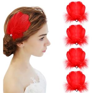 MWOOT 4 Pezzi Rosso Piuma Capelli Fermagli, Rosso Piuma Copricapo Capelli Accessori per Donne Ragazze, Perla Parrucca per capelli per Carnevale Costume, Sposa Matrimonio Festa Cosplay
