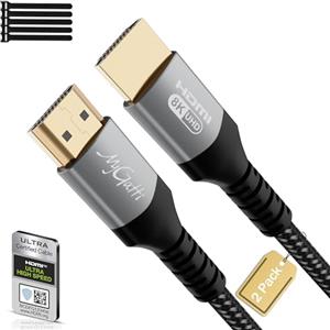 Mygatti Certificato Cavo HDMI 2.1 8k 1.5 Metri(2 pezzi),Ultra Alta Velocità 48Gbps,nylon intrecciato,48 Gbps,supporta 8K@60Hz,4K@120Hz,eARC,HDR,HDCP 2.2/2.3,per laptop,monitor,switch,PS5/PS4,UHD TV+5 fascette