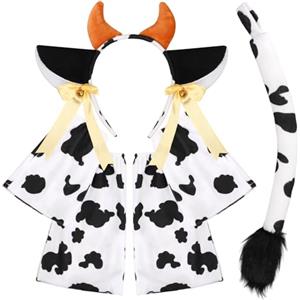 XEPST Set di costumi da animale Orecchie e coda di mucca, fascia per orecchie e scaldamuscoli, per cosplay, compleanno e Halloween