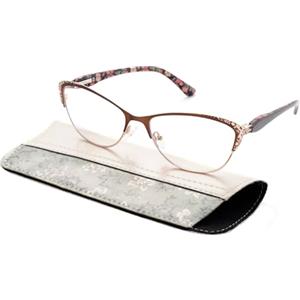 OKH Occhiali da Lettura di Cateye per Donne con Cerniera Primaverile, Qualità Vintage Blu Bloccante Floreale/Fiore Modello di Design Gatto Occhio Occhiali con Busta(Marrone +3.0)