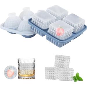Vookkp 2 Pezzi Cubetti Ghiaccio Stampo Ghiaccio Silicone Stampi Forme Ghiacci con Coperchio, Grande Stampo Quadrato e Sferiche per Cubetti di Ghiaccio, per Whisky, Cocktail e Bevande Fredde(Blu)