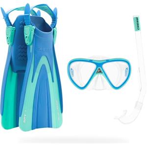 Cressi Seashell Seekers Set per Snorkeling Junior con Pinne Corte, Maschera in Vetro Temperato Antiappannamento e Boccaglio Secco Ergonomico per Mare e Piscina, Blu/Verde Acqua, S/M (2/7 Anni)