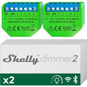 Shelly Dimmer 2, Interruttore Wi-fi intelligente per luci dimmerab, 2 canali, Nessun Hub o Neutro richiesto, Compatibile con Alexa e Google Home, App iOS Android, Confezione da 2