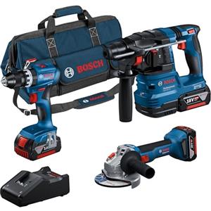 Bosch Professional 18V System Combo kit a batteria: GSB 18V-45 + GBH 18V-22 + GWS 18V-8 (incl. 3 batterie GBA 4.0Ah, GAL 18V-40, borsa degli attrezzi) - Amazon Exclusive