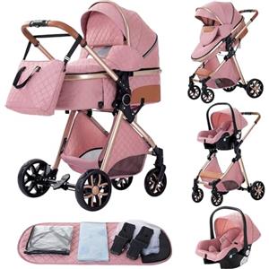 YAZOCO Passeggino Trio 3 in 1 Carrozzina Ovetto Pieghevole Set Viaggi Passeggino Neonato Sedili Parapiedi Zanzariere Carrozzina Multifunzionale (4 Rosa)