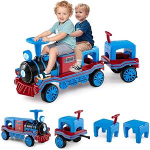 COSTWAY Trenino Elettrico Cavalcabile per Bambini, 12V Macchina Elettrica a 3 Posti con Locomotiva e Vagone Rimovibili, Treno con Luci LED, Clacson e Musica, per Bambini 3-8 Anni (Blu)