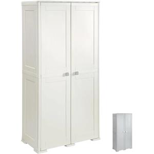 PALUPLUS Portascope a 2 Ante Lisce in Plastica, Misura 79x43x164 cm, Armadio Multiuso con vano per le scope e 3 scomparti porta oggetti, piedini antiscivolo, Made in Italy -4159C-20 (Panna)