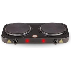 EGLEMTEK Fornello Elettrico Da 2500W Con 2 Piastre in Ghisa da 18.5 cm e 15.5 cm Termostato a 5 Livelli Struttura in Acciaio Verniciato Compatto e Portatile per Casa Camper e Campeggio 48 × 23.5 × 7 Cm Nero