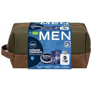 NIVEA MEN Pack Cura Completa Trousse da uomo, set regalo con crema viso (1 x 75 ml) crema idratante tutto il corpo (1 x 150 ml), balsamo after shave (1 x 100 ml), deodorante (1 x 100 ml)