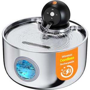 NOBXBON Fontanella per Gatti senza Fili: Fontana per Gatti Acciaio - 2.6L Dispenser Acqua Gatto con Sensore di Movimento - Distributore Automatico Acqua Silenziosa - Abbeveratoio per Cani Piccoli a Batteria