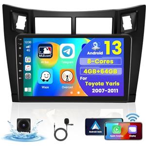 Hikity [8 Core 4G+64G] Hikity Car Radio per Toyota Yaris/Vizi 2005-2011 Wireless Carplay Android Auto Android 15 Autoradio 9 Pollici Stereo Auto con GPS 32EQ WIFI Bluetooth SWC MIC Telecamera Posteriore