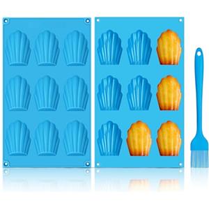 GlasFlength Stampi per Madeleines in Silicone, 2 Pezzi Stampo Madeleine 9 Cavità Antiaderente Madeleine Stampo da Forno con Spazzola per Madeleine Biscotti Caramelle Cioccolato Torta (blu)