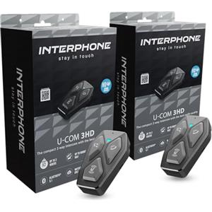 INTERPHONE U-COM 3HD Doppio, 2 Interfoni moto di gruppo per 4 utenti fino a 500mt, Interfoni casco Bluetooth 5.1 con auricolari HD 40mm per musica, chiamate e GPS, Autonomia 10h e impermeabile IP67