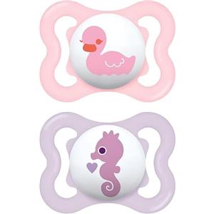 MAM Air Succhietto 2-6 Mesi (Set da 2), Ciuccio MAM 2-6 mesi per pelli sensibili e delicate, Kit da 2 accessori neonato con tettarella in silicone e porta ciuccio sterilizzatore, Rosa/Viola