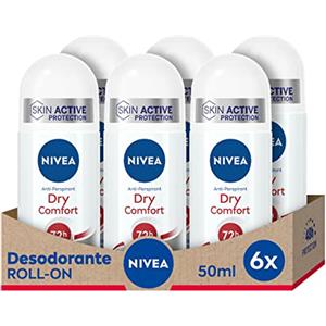 NIVEA Dry Comfort Roll-on Deodorante antitraspirante con protezione 72 ore, Confezione da 6 (6 x 50 ml)