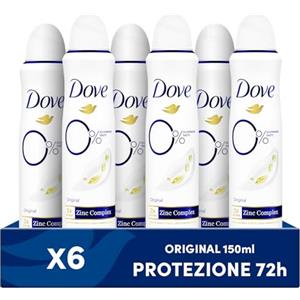 Dove Deodorante Spray 0% Original, Senza Alcol e Sali di Alluminio, con Formula Idratante e Delicata, Pelle Asciutta Fino a 48 Ore, Deodorante Uomo e Donna, 6 Pezzi da 150ml