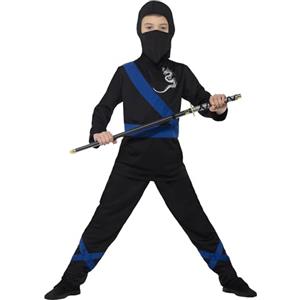 SMIFFYS Costume Assassino Ninja, Nero e blu, con cappuccio, maschera, top e pantaloni Halloween