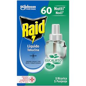 Raid Liquido Elettrico Ricarica, Antizanzare Tigre e Comuni, Confezione da 1 Ricarica da 36 ml, 60 Notti, Profumazione Eucalipto