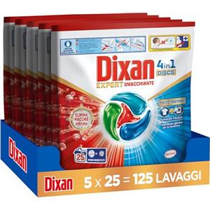 Dixan DISCS 4in1 Expert Smacchiante Detersivo Lavatrice, 5 confezioni da 25 Lavaggi, Capsule lavatrice per pulizia profonda del bucato e freschezza igienica per lavatrice, Rimuove le macchie da 20°C