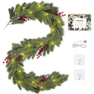 Wotplay 180cm Decorazioni Natalizie, Ghirlanda Natalizia con Luci, Ganci, Bacche e Pigne, Addobbi Natalizi per Interno/Esterno, Camino e Finestra