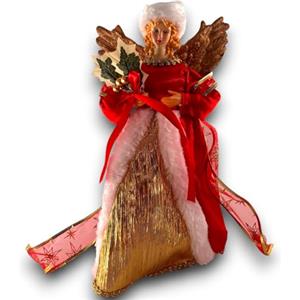 Generico Puntale Angelo Natalizio Decorativo 30 cm con Abito Rosso e Dettagli Oro - Statuina Angelo Gloria Decorazioni Natalizie - Statua per Albero di Natale, Tavolo e Camino - Elegante e Festivo