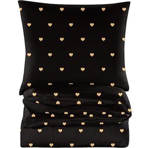 Cotton Market Completo Lenzuola Matrimoniali Cotone - 135x200 cm - Copripiumino Matrimoniale Set con Cuscino 70x80cm - Biancheria da Letto a Fantasi - Cuore, Nero e Oro