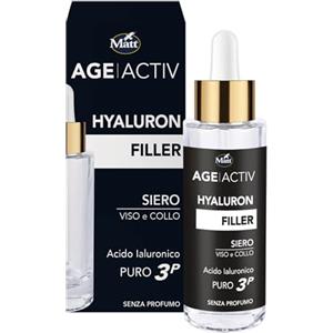 Matt, AGEACTIV Hyaluron Filler, Siero Viso e Collo con Acido Ialuronico Puro, Tripla Idratazione, Rigenera e Rimpolpa la Pelle, Riempie le Rughe, Rimodella i Contorni del Viso, Senza Profumo, 30 ml