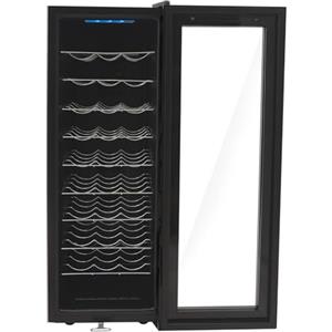 SuhoFutus Frigorifero per vino da 90 l, per 30 bottiglie con regolazione della temperatura 12-18 °C, display a LED, doppio raffreddamento ad aria, porta in vetro temperato, 9 scaffali, design moderno