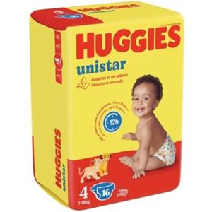 Huggies Unistar Pannolini Taglia 4 (7-18 kg) - Confezione da 16 Pezzi con Banda Elastico e Strato Quickdry
