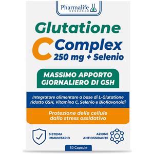 PHARMALIFE RESEARCH Glutatione 250 Complex - Integratore Antiossidante in Capsule con L-Glutatione, Vitamina C, Bioflavonoidi e Selenio, 30 cps