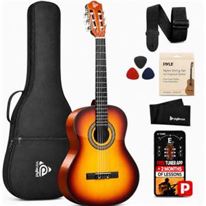 Pyle Chitarra Acustica 4/4 Full Size per Principianti, Chitarra in Legno 99 cm, Guitar Kit Completo con Plettri, Tracolla, Custodia, Panno e App Accordatore