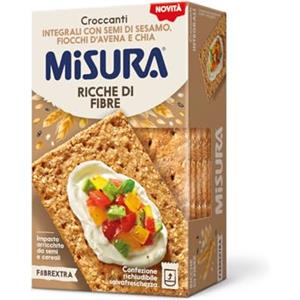 Misura Fibrextra Croccanti - Crackers con Farina 100% Integrale, Semi di Sesamo, Fiocchi d'Avena e Chia, Ricchi di Fibre, Contiene 8 Fette, Confezione Richiudibile Salvafreschezza da 160 gr