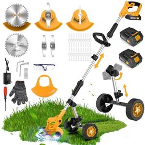 Tanbaby Decespugliatore a batteria da 21 V, 3 in 1, telescopico e leggero, tagliaerba elettrico da giardino, con 2 batterie da 2,0 Ah, con 1 disco per sega, 2 lame in acciaio, 20 lame in plastica