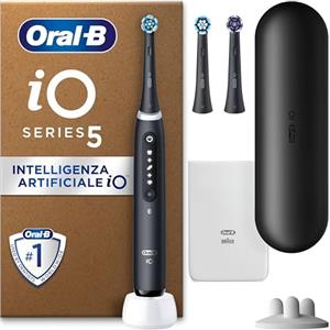 Oral-B Spazzolino Elettrico Ricaricabile iO 5 Nero, 1 Spazzolino Elettrico Oral B, 3 Testine di Ricambio, Custodia Da Viaggio, Pulizia Denti Efficace