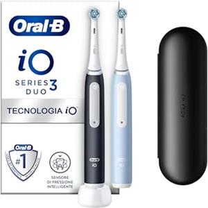 Oral-B Spazzolino Elettrico Ricaricabile iO 3 Nero e Blu, 2 Testine Di Ricambio, Custodia Da Viaggio, 2 Spazzolino Elettrico Oral B, Confezione Doppia, Sensore di Pressione