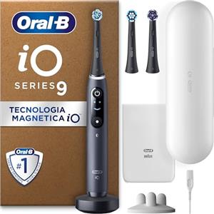 Oral-B Spazzolino Elettrico Ricaricabile iO 9 Nero, 3 Testine Di Ricambio, Custodia Da Viaggio Ricaricabile, 1 Spazzolino Elettrico Oral B, Sensore di Pressione, Display Interattivo