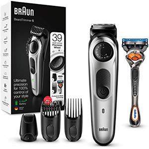 Braun Regolabarba BT5265 per viso e capelli, nero/argento con quadrante di precisione e rasoio Gillette Fusion5 ProGlide, nero/argento