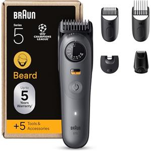 Braun Regolabarba Uomo Series 5, Rasoio Elettrico Barba Braun, +5 Strumenti Styling, Lama Ultra Affilata, 120 Min Autonomia, Impermeabile, Selettore di Precisione Con 40 Lunghezze&Blocco BT5525 Grigio