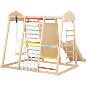 RELAX4LIFE 8 in 1 Set da Arrampicata per Bambini, Parco Giochi in Legno con Scivolo, Altalena, Sbarre e Scala in Corda, Giochi Montessori Educativi per Bambini 3+ Anni (Colorato)