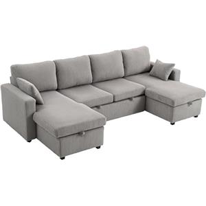 HOMCOM Divano Letto con Letto Estraibile Imbottito, Divano Angolare Convertibile 4 Posti a Forma di U con 2 Chaise Longue, Vani Contenitore e 2 Cuscini, in Velluto a Coste, 282x140x86 cm, Grigio