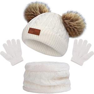beifon Cappello a Maglia Bambini Invernale Sciarpa Guanti Berretto in Maglia con PomPom Ragazzi Berretto Sciarpa Beanie Cappello Scaldacollo per Ragazzo e Ragazza（3-8 anni） (Bianco)