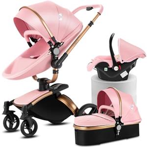 MoLi Pelle PU Passeggino Trio, Passeggino 3 in 1 con Sedile Convertibile 360°, Trio Passeggini Neonati con Grande Navicella, Carrozzina per Neonati in Alluminio Pieghevole Alta Paesaggio (906 Pink)