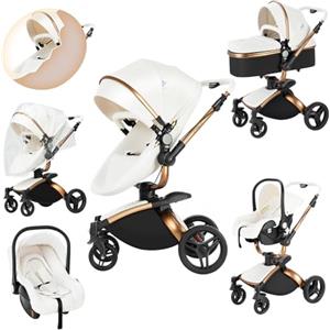 Sianldcone Pelle PU Passeggino 3 in 1 Trio Neonati, 360° Sedile Girevole Carrozzina per Neonato, Spinta Bidirezionale Passeggino Reversibile, Visione Aperta Passeggini Trolley (906 White)