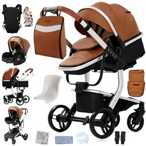 Magic ZC Pelle PU Passeggino Trio, Passeggino 3 in 1 con Spinta Reversibile a Due Vie, Trio Neonati con Accessori, Carrozzina per Neonati con Design Portatile Pieghevole Un Clic (L518 Khaki)